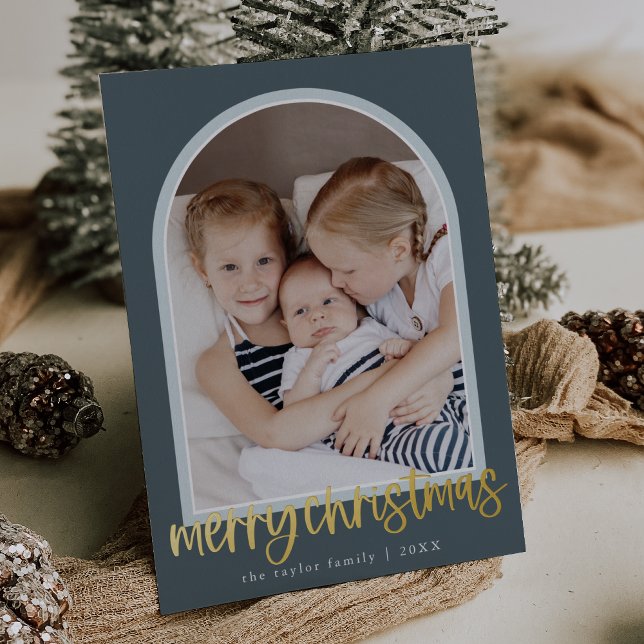 MARIAH Blue Foil Arch Family Photo Merry Christmas (MARIAH Blue Foil Arch Family Photo Merry Christmas Foil Holiday Card)