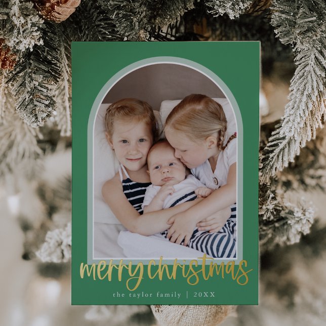 MARIAH Green Gold Foil Arch Photo Merry Christmas (MARIAH Green Gold Foil Arch Photo Merry Christmas Foil Holiday Card)