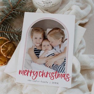 MARIAH Red Pink Arch Family Photo Merry Christmas Holiday Card