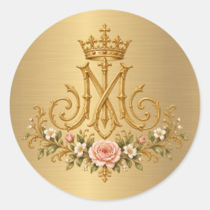 Marian Catholic Floral Gold Monogram Classic Round Sticker