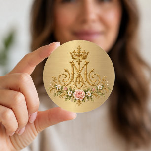 Marian Catholic Floral Gold Monogram Classic Round Sticker