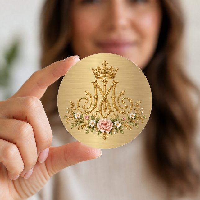 Marian Catholic Floral Gold Monogram  Classic Round Sticker (Creator Uploaded)