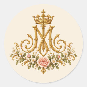 Marian Catholic Floral Gold Monogram Classic Round Sticker