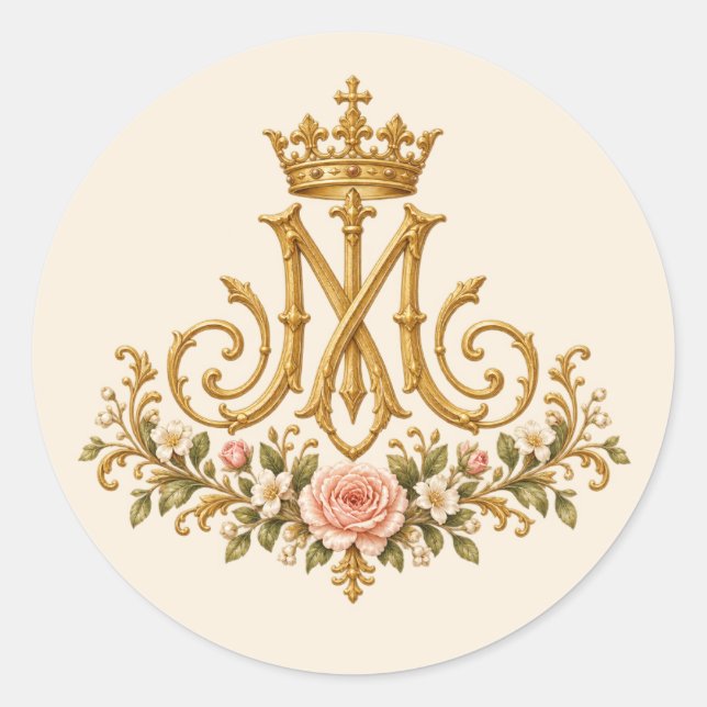 Marian Catholic Floral Gold Monogram  Classic Round Sticker (Front)