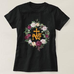 Marian Catholic M & Faith Cross Floral Religious T-Shirt