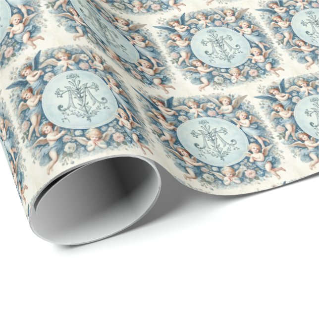 Marian Cross and Cherub Floral Gift Wrap" Wrapping Paper (Roll Corner)