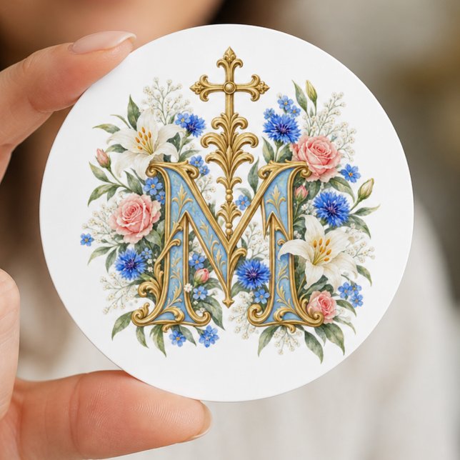 Marian Monogram Catholic Blue Floral  Classic Round Sticker (Creator Uploaded)