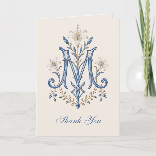 Marian Monogram Catholic Wedding Thank You Card (Front)