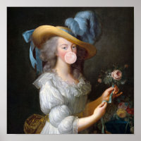 Marie Antoinette blowing a pink bubble gum