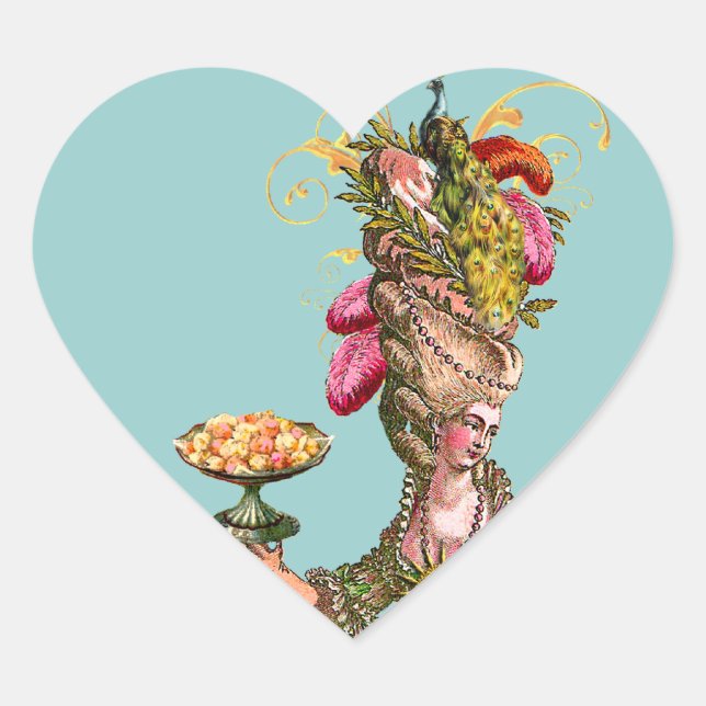 Marie Antoinette peacock and cake Heart Sticker (Front)