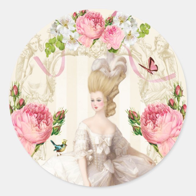 Marie Antoinette White Dress& Pink Roses Classic Round Sticker (Front)