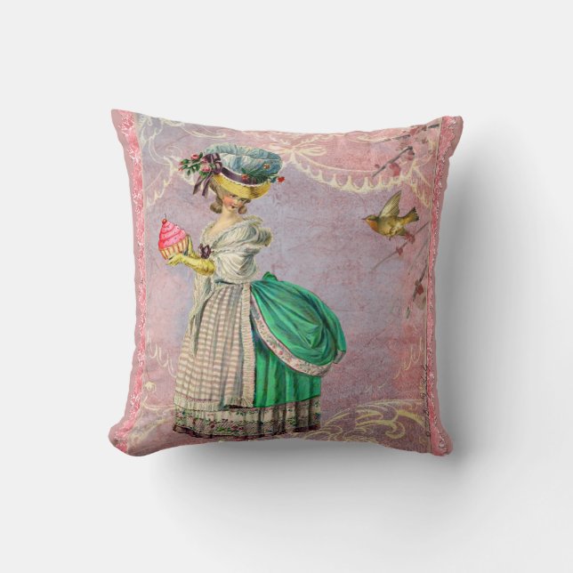 Marie Antoinette with Cupcake & Bird Throw Pillow (Front)
