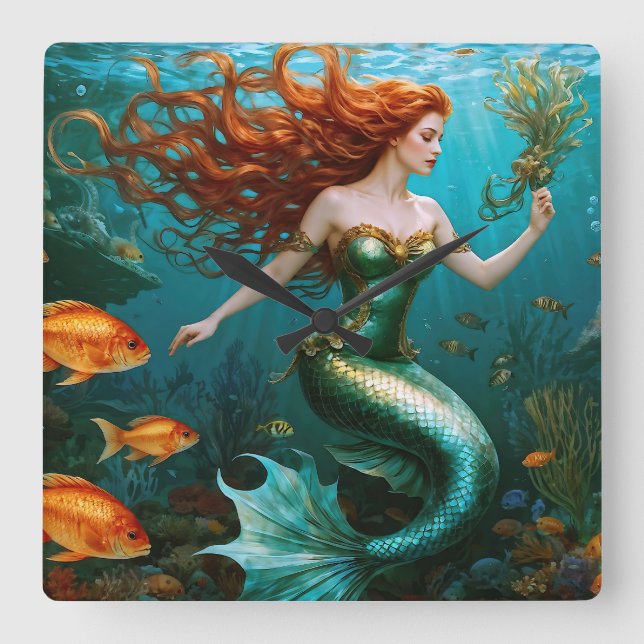 “Marielle” – Beautiful Dancing Mermaid Square Wall Clock (Front)