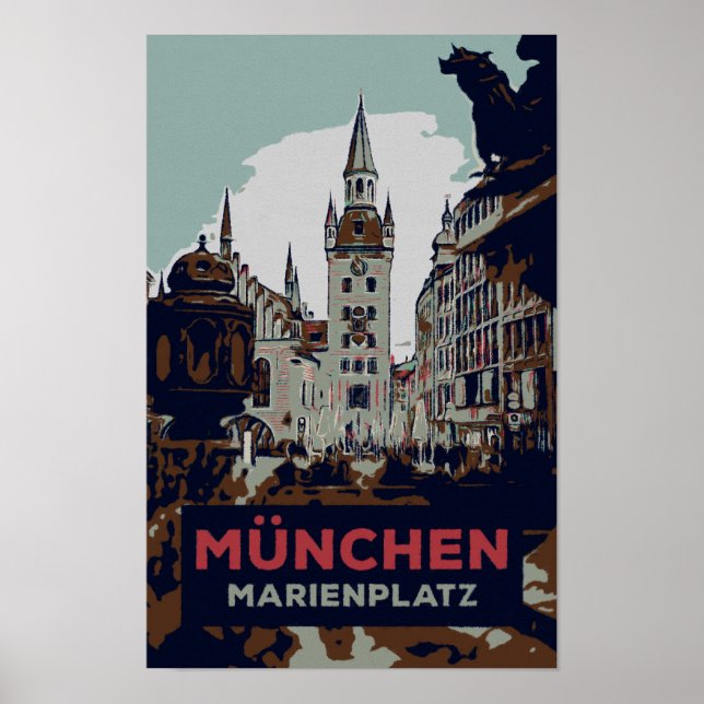 Marienplatz, Munich City Centre Illustration Poster (Front)