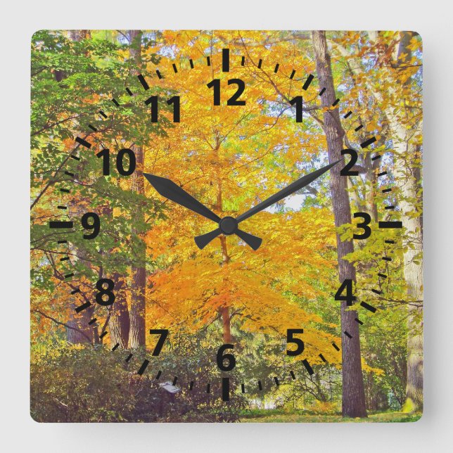 MARIGOLD AND LIME GREEN TREES IN WOODS SQUARE WALL CLOCK (Front)