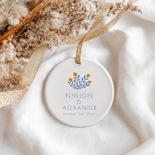 Marigold Blue Folk Floral Personalised Wedding Ceramic Tree Decoration