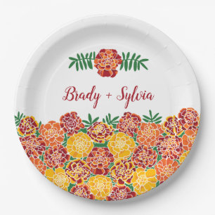 Marigold Bright Floral Add Couple's Names Paper Plate