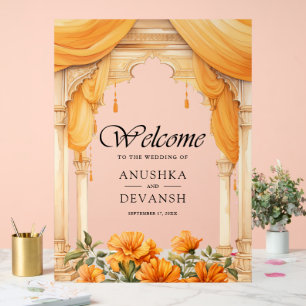 Marigold Floral Indian Hindu Wedding Welcome Acrylic Sign