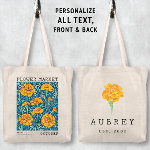 Marigold Floral October Birth Flower Market Name Tote Bag