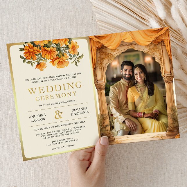 Marigold Floral Yellow South Indian Mandap Wedding Invitation (Creator Uploaded)