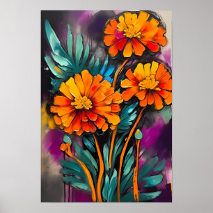Marigold Flower Abstract Art Floral Colorful Poster