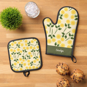 Marigold Flowers Green Leaves Custom Name Oven Mitt & Pot Holder Set