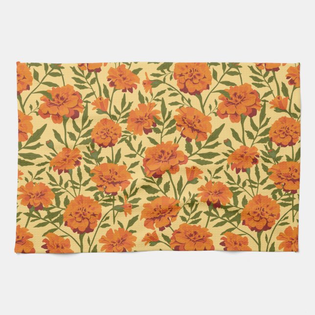Marigold Flowers Pattern Tea Towel (Horizontal)