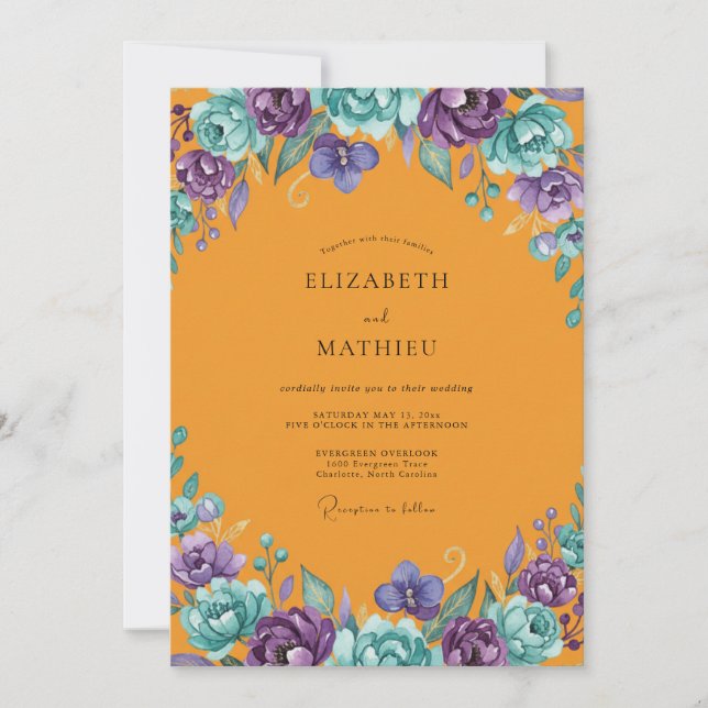 Marigold Purple Ranunculus Eucalyptus Wedding Invitation (Front)