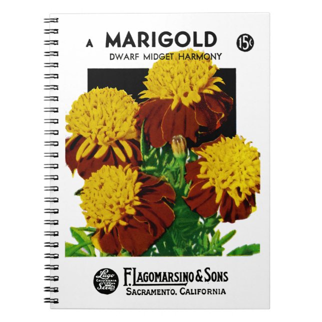 Marigold Seed Packet Label Spiral Notebook (Front)