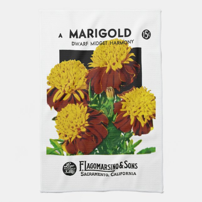 Marigold Seed Packet Label Tea Towel (Vertical)