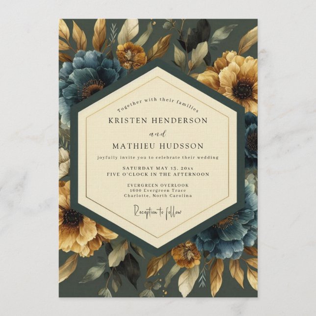 Marigold & Slate Lush Bloom Wedding Invitation (Front)
