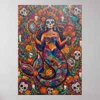 Marigold Sugar Skull Mermaid Fiesta Art Poster