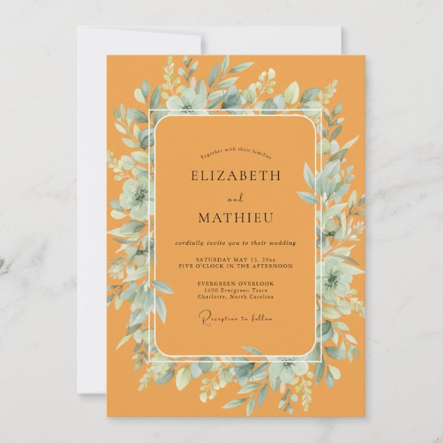Marigold Teal Leafy Wedding Invitation (Front)