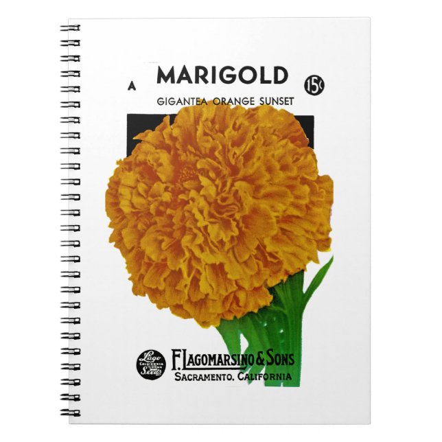 Marigold Vintage Seed Packet Spiral Notebook (Front)
