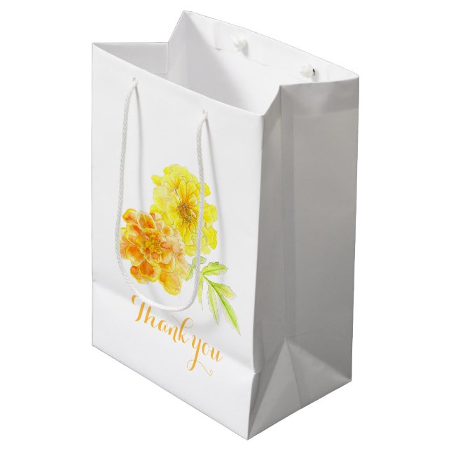 Marigold Watercolor art wedding favour gift bag (Front Angled)