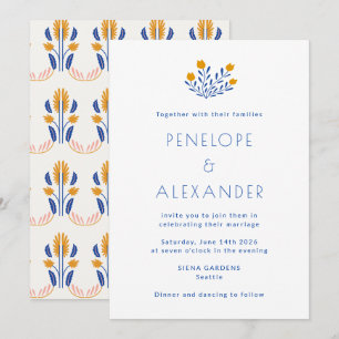 Marigold Yellow Blue Folk Floral Modern Wedding Invitation