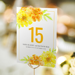 Marigold yellow flower wedding event table number