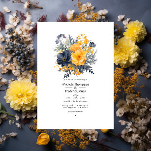 Marigold Yellow, Navy Blue and Slate Grey Wedding Invitation