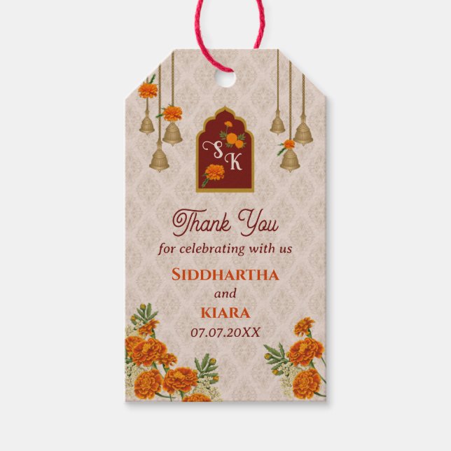 Marigolds bells Indian wedding thank you Gift tag (Front)