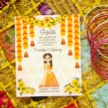 Marigolds cute Indian girl Haldi budget invitation<br><div class="desc">Marigold garlands cute Indian girl Haldi budget invitation. Yellow and orange marigolds with bells,  yellow mandala background.</div>