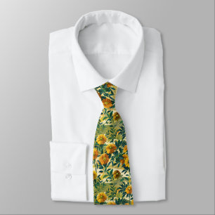 Marigolds & Maranta Leaves Seamless Autumn Floral Tie