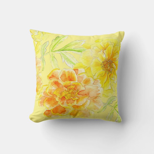 Marigolds watercolor art floral yellow pillow (Front)
