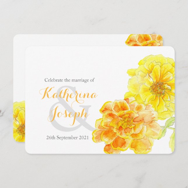Marigolds watercolor yellow wedding invite (Front/Back)
