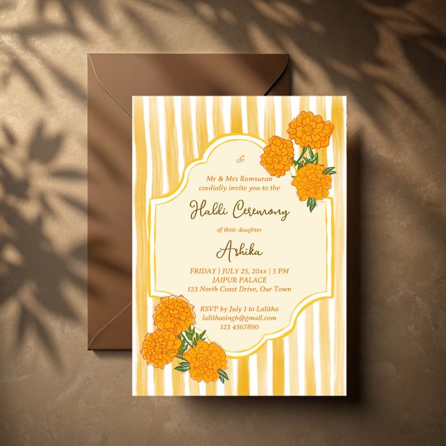 Marigolds yellow stripes Haldi Indian wedding Invitation (Marigolds yellow stripes Haldi Indian wedding Invitation)