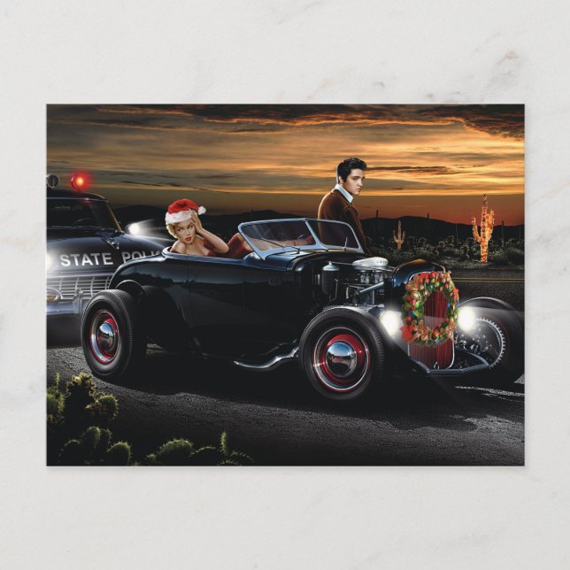 Marilyn and Elvis Christmas Joy Ride Holiday Postcard (Front)