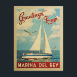 Marina del Rey Sailboat Vintage Travel California Postcard<br><div class="desc">This Greetings From Marina del Rey California vintage travel nautical design features a boat sailing on the water with seagulls and a blue sky filled with gorgeous puffy white clouds.</div>