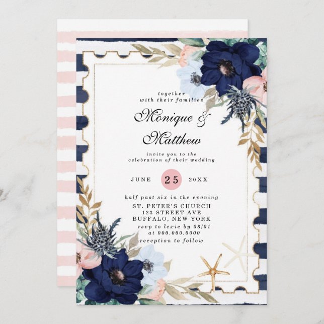Marina Nautical Blooms Navy Blush Pink Wedding Inv Invitation (Front/Back)