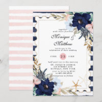 Marina Nautical Blooms Navy Blush Pink Wedding Inv