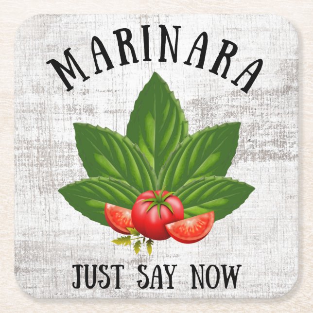 Marinara Just Say Now Italy Basil Leaves Tomatoes Square Paper Coaster (Front)