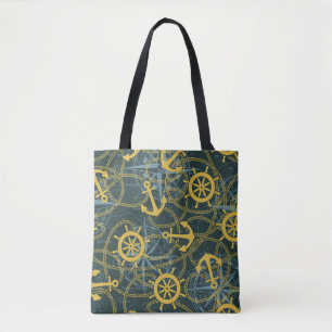 Marine anchor ship rudder and rope with wind rose  tote bag